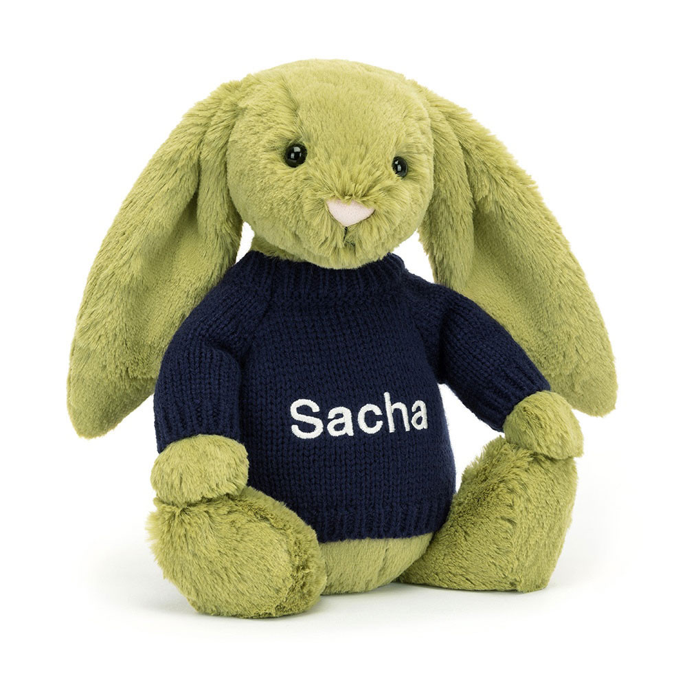 Bashful Moss Bunny with Personalized Navy Jumper